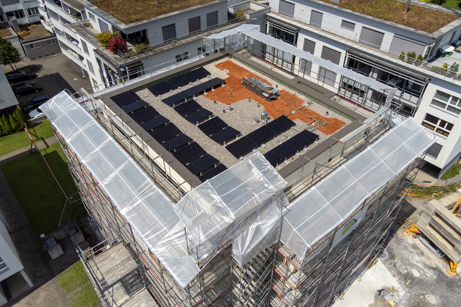 Drohnenaufnahme der Baustelle Gartenweg in Ebikon