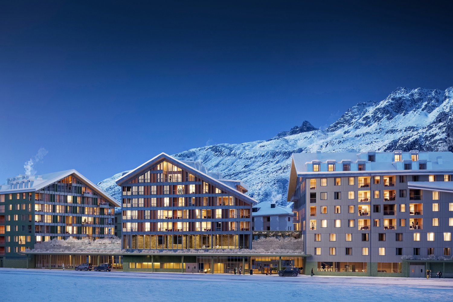 Visualisierung des Hotels in Andermatt bei Nacht